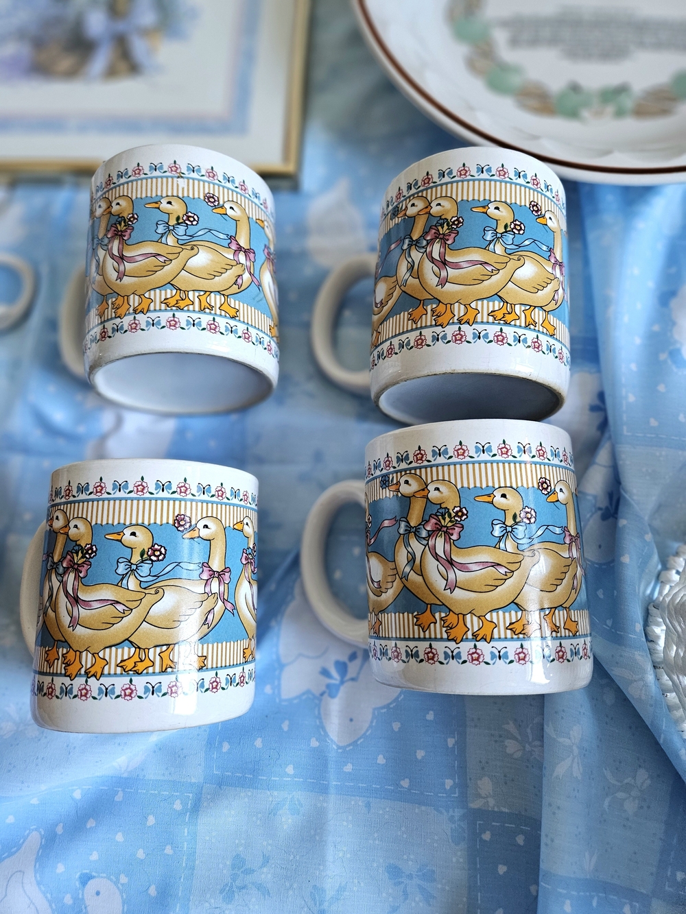 Vintage 1980s Treasure Craft "Ribbon Geese" Mugs